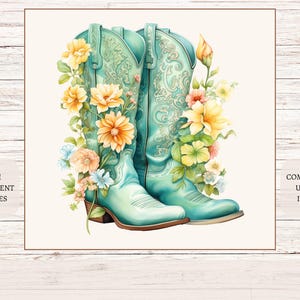 Floral Cowboy Boot PNG Clipart for Sublimation Projects, Western Turquoise Design Western Cowboy Boots Floral Bouquet Watercolor Digital PNG