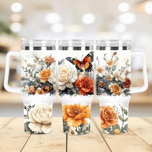 Boho Flowers 40 oz Tumbler Wrap, Butterfly 40 oz Tumbler PNG, Floral 40oz Sublimation Tumbler Design, 40oz Tumbler Template, Vintage Floral
