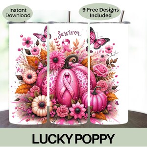 Pink Pumpkin Ribbon Awareness Breast Cancer Survivor Tumbler Wrap 20 oz Skinny Tumbler Sublimation Design Digital Download PNG Instant