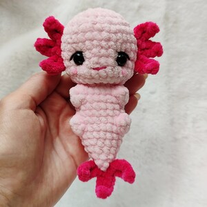 May include: A pink and red crocheted axolotl plush toy. The axolotl has black eyes and a pink body with red gills and tail.