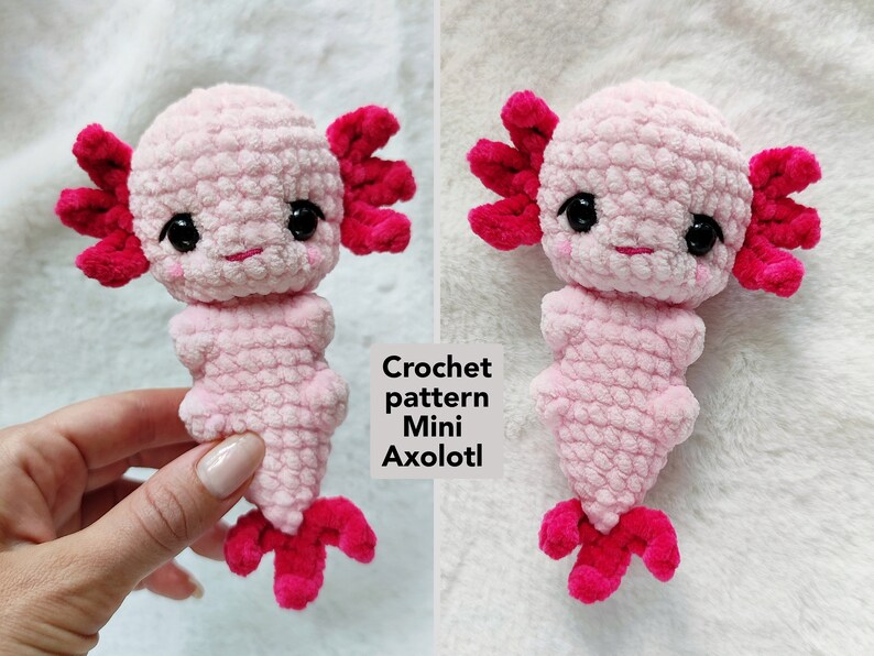 May include: A pink crocheted mini axolotl with red gills. Crochet pattern Mini Axolotl.
