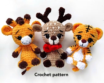 Tiger + Giraffe + Fawn CROCHET PATTERN PDF Crochet animals English pattern Set of 3 patterns