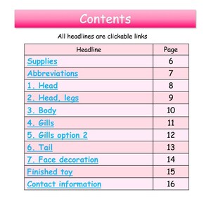 May include: A table of contents for a craft project, with clickable links to each section. The sections include Supplies, Abbreviations, Head, Head, Legs, Body, Gills, Gills Option 2, Tail, Face Decoration, Finished Toy, and Contact Information.