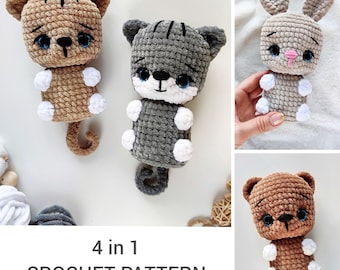 4 in 1 Crochet Pattern Cats + Bear + Bunny No sew PDF English pattern