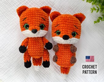 May include: Two crocheted fox amigurumi toys. The foxes are orange with white accents and black eyes. The foxes are sitting on a white surface. CROCHET PATTERN is written in the bottom right corner of the image.