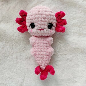 May include: A pink crocheted axolotl plush toy with red fins and black eyes.