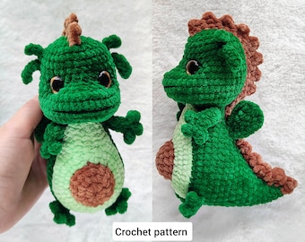 May include: Green and brown crocheted avocado-shaped dragon toy. The dragon has a brown crocheted tail and a green crocheted body with a brown crocheted avocado pit. Crochet pattern.