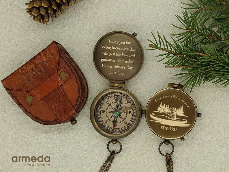 a personalized handmade antique look brass compass with your own handwriting engraved is the unique gift for your father