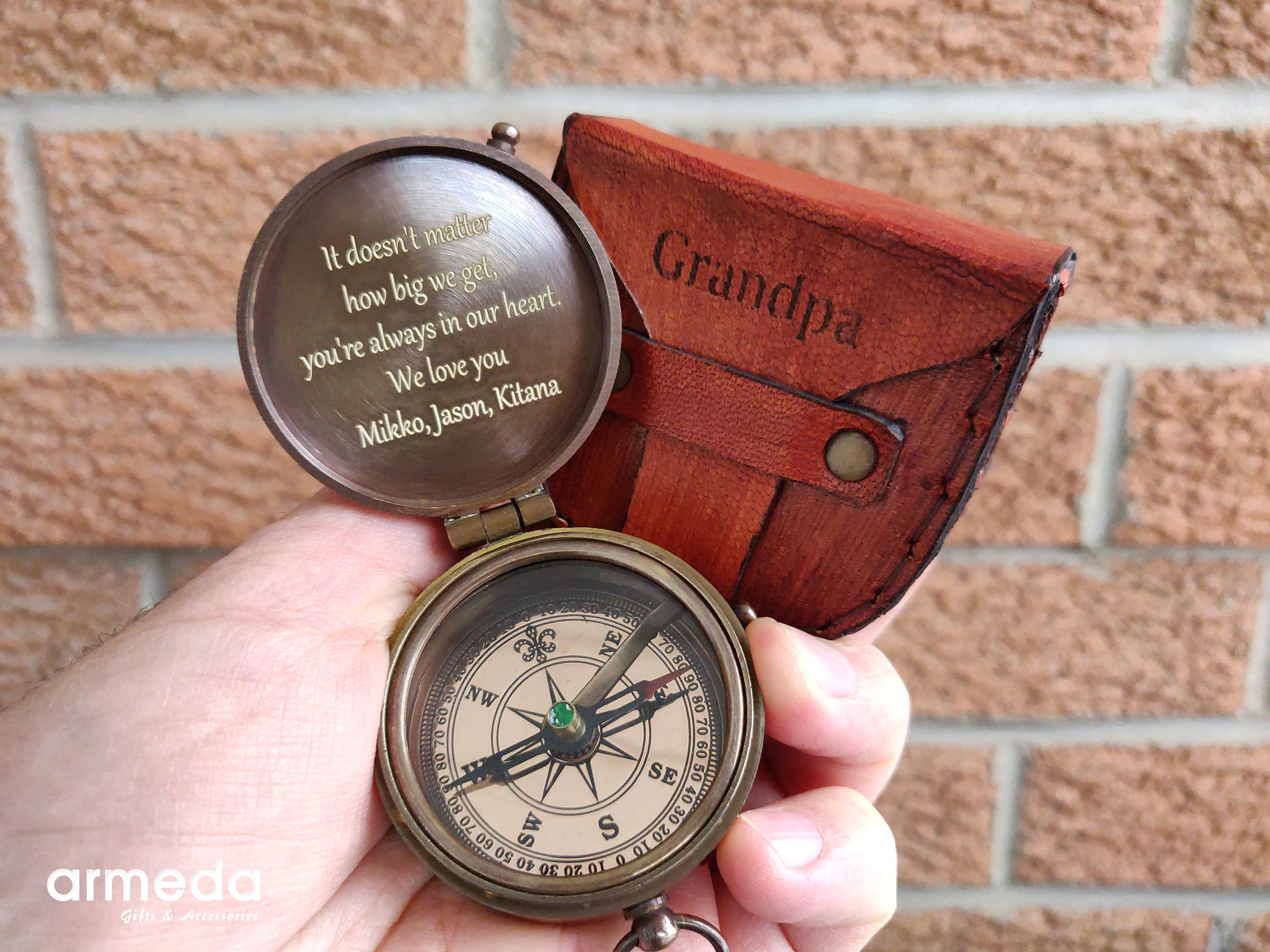 Engraved Brass Compass With Leather Case - Sentimental Gift For Grandson From Grandparents