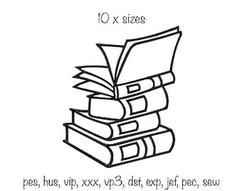 Digital download Stack of Books silhouette outline machine embroidery design 10 sizes, school college uni book lover reading club reader
