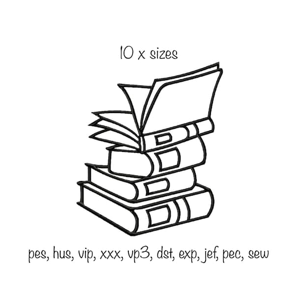 Digital download Stack of Books silhouette outline machine embroidery design 10 sizes, school college uni book lover reading club reader