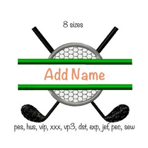 May include: A golf-themed design featuring crossed golf clubs, a golf ball, and the text "Add Name" in a peach colour. The design includes the text "8 sizes" and file format abbreviations.