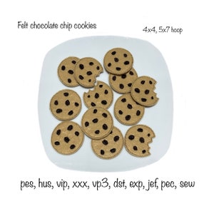 May include: A plate of felt chocolate chip cookies, perfect for embroidery projects. The cookies are brown with chocolate chips and some are slightly bitten. The text "Felt chocolate chip cookies" and "4x4, 5x7 hoop" is visible. The text "pes, hus, vip, xxx, vp3, dst, exp, jef, pec, sew" is also visible.