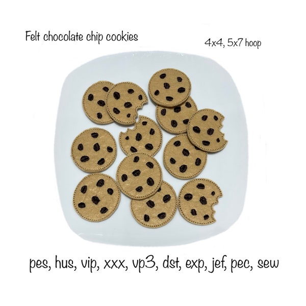 Digital download chocolate chip cookies biscuits felt play food machine embroidery design school nursery educational Montessori pretend