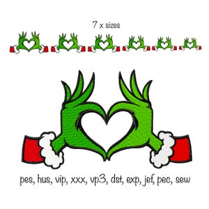 Instant download 7 sizes Christmas green monster hand heart machine embroidery design, multiple formats festive matching trendy funny winter