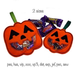 Digital download 2 sizes jack o lantern peekaboo treat bag in the hoop machine embroidery design halloween sweets holder gift pumpkin trendy