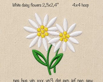 May include: An embroidery design of two white daisy flowers with yellow centres and green stems on a beige fabric background. The text reads White daisy flowers 5.8x6.1 cm, 10x10 cm hoop, and pes, hus, vip, xxx, vp3, dst, exp, jef, pec, sew.