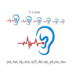 May include: A blue ear graphic with a red heartbeat line, repeated six times, and a larger version below. Text reads "6 x sizes" and a list of file formats. This design is suitable for embroidery.