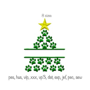 May include: Green Christmas tree design with a yellow star on top. The tree is made up of paw prints. The text "8 sizes" is above the tree and the text "pes, hus, vip, xxx, vp3, dst, exp, jef, pec, sew" is below the tree.