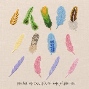 May include: A collection of fifteen embroidered feather designs in various colors including yellow, green, blue, pink, purple, and brown, arranged on a light beige fabric. The text at the bottom reads: pes, hus, vip, xxx, vp3, dst, exp, jef, pec, sew.