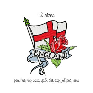 Puede incluir: Un diseño bordado que presenta una rosa roja con hojas verdes, una cinta azul con la palabra "ENGLAND" en ella y una bandera blanca con una cruz roja. El diseño está disponible en dos tamaños.