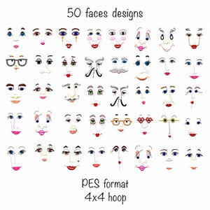 Könnte beinhalten: Eine Sammlung von 50 gestickten Gesichtsdesigns in einem Raster, mit verschiedenen Ausdrücken, Augenformen und Lippenfarben. Der Text 50 faces designs steht oben und PES format 4x4 hoop unten auf weißem Hintergrund.