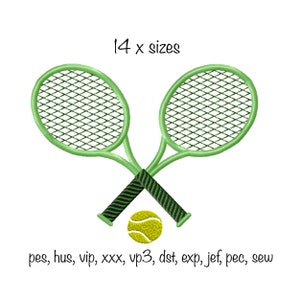 May include: Two green tennis rackets crossed over each other with a yellow tennis ball in the center. The text "14 x sizes" is above the rackets. The text "pes, hus, vip, xxx, vp3, dst, exp, jef, pec, sew" is below the rackets.