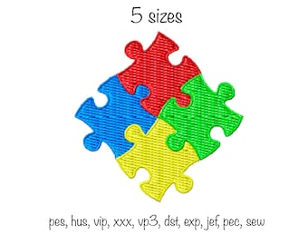 Digital download jigsaw puzzle pieces 5 sizes machine embroidery design autism awareness formats pec pes xxx jef sew exp vip vp3 dst, hus