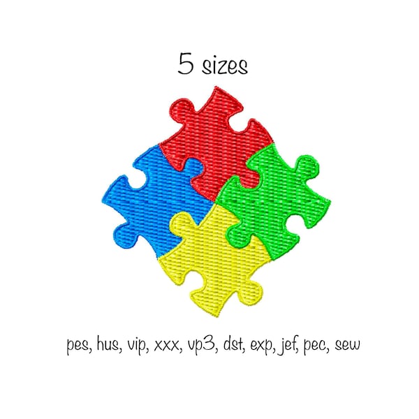 Digital download jigsaw puzzle pieces 5 sizes machine embroidery design autism awareness formats pec pes xxx jef sew exp vip vp3 dst, hus