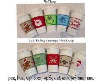 Digital download set of 10 reusable christmas mug wraps in the hoop machine embroidery design in multiple formats quick felt hot coffee cup