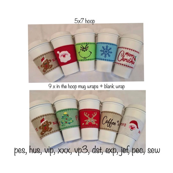 Digital download set of 10 reusable christmas mug wraps in the hoop machine embroidery design in multiple formats quick felt hot coffee cup