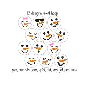 Digital download 4x4 hoop 12 cute christmas snowman faces machine embroidery design in all formats, quick stitch