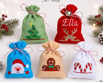 Digital download 5x7 size 5 pack christmas treat bag in the hoop machine embroidery design sweets holder gift santa rudolph tree candy