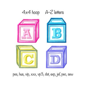 May include: Four embroidered designs of alphabet blocks with letters A, B, C, and D. The blocks are in pink, blue, yellow, and purple. The text "4x4 hoop A-2 letters" is above the blocks. The text "pes, hus, vip, xxx, vp3, dst, exp, jef, pec, sew" is below the blocks.
