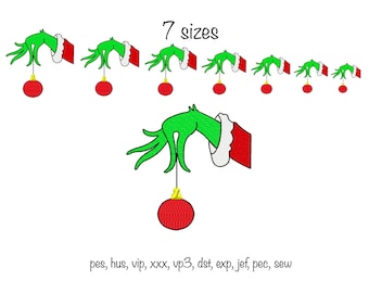 Instant download 7 sizes christmas green monster hand machine embroidery design, multiple formats festive matching trendy funny winter