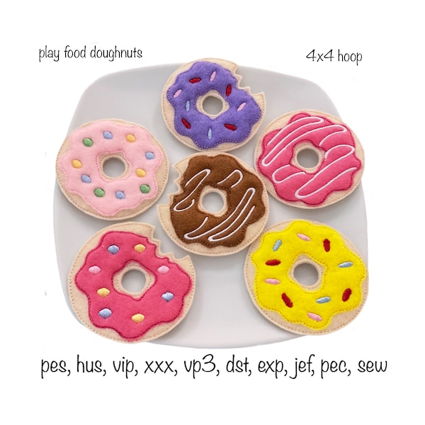 Digital download felt doughnuts play food machine embroidery design school nursery educational Montessori pretend quick sweet treat