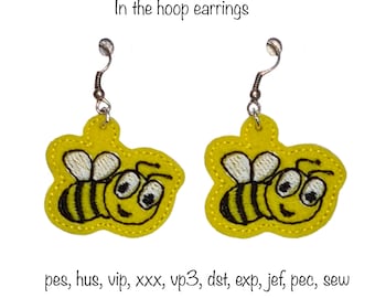 Instant download felt cute trendy bumble bee aesthetic earrings machine embroidery design in all formats in the hoop