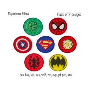Instant download pack of 7 superhero quick stitch felties  machine embroidery design in multiple formats in the hoop pattern hair magnet tag