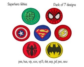 Instant download pack of 7 superhero quick stitch felties  machine embroidery design in multiple formats in the hoop pattern hair magnet tag