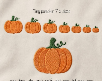 May include: An embroidery design featuring seven orange pumpkins with green stems in varying sizes arranged in a row, with one large pumpkin below. The text reads Tiny pumpkin 7 x sizes and pes, hus, vip, xxx, vp3, dst, exp, jef, pec, sew.
