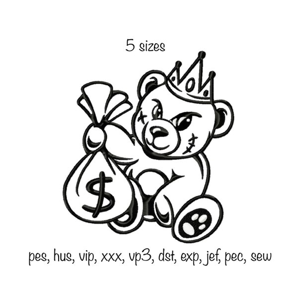 Digital download 5 sizes fashion Gangster trendy teddy bear dollar bag machine embroidery pattern design, multiple formats top sweatshirt