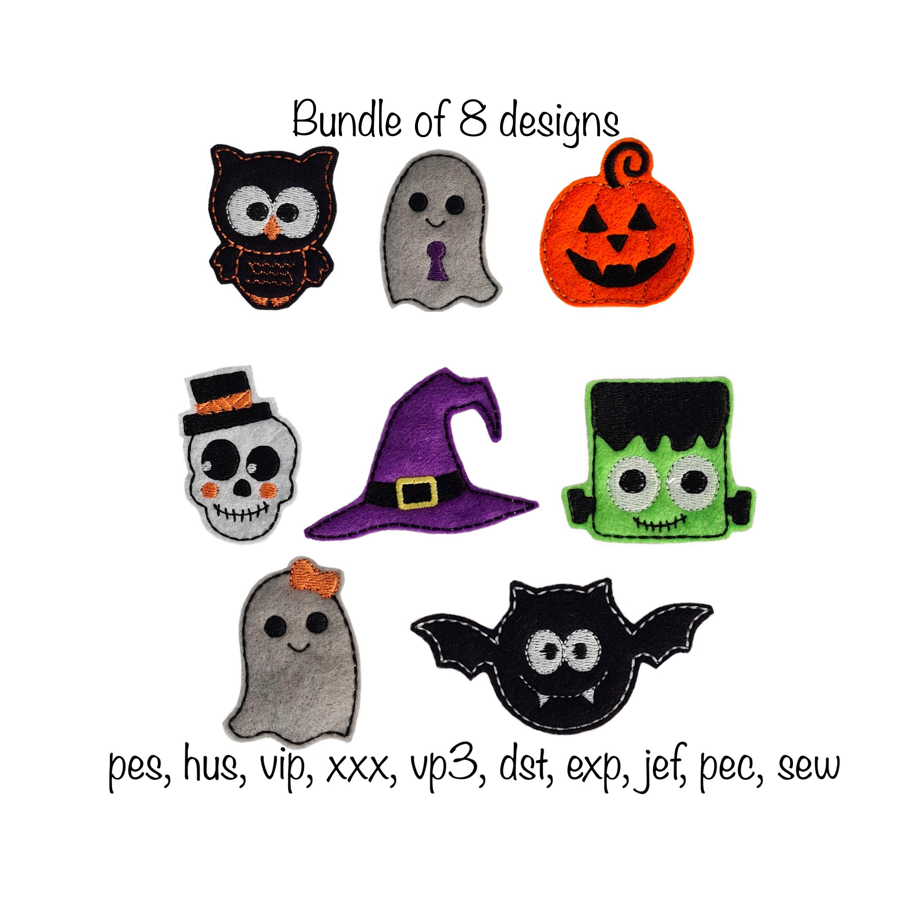Instant download pack of 8 halloween quick stitch felties  machine embroidery design in multiple formats in the hoop pattern hair magnet tag
