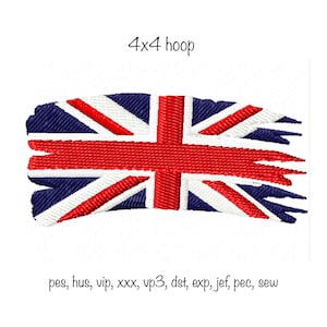 Puede incluir: Un diseño bordado desgastado de la bandera de la Union Jack en colores rojo, blanco y azul. El diseño es adecuado para un aro de bordado de 4x4 pulgadas.