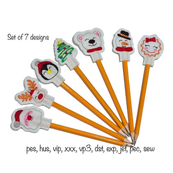 Instant download set of 7 christmas quick stitch pencil toppers  machine embroidery design in multiple formats in the hoop stocking filler