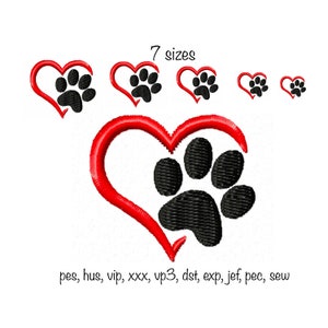 Digital download paw print heart shape 7 sizes cat dog machine embroidery design in formats pec, pes, xxx, jef, sew, exp, vip, vp3, dst, hus