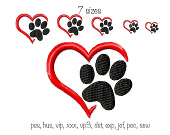 Digital download paw print heart shape 7 sizes cat dog machine embroidery design in formats pec, pes, xxx, jef, sew, exp, vip, vp3, dst, hus