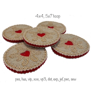 May include: Five felt coasters with a red heart and gold embroidery in the centre. The coasters are beige with a red border and are arranged in a pile. The text "4x4, 5x7 hoop" is above the coasters. The text "pes, hus, vip, xxx, vp3, dst, exp, jef, pec, sew" is below the coasters.