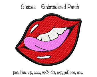 Digital download lips 6 sizes iron on sew on patch machine embroidery design in formats kiss red lipstick tongue lady girl