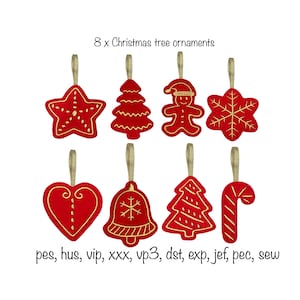 Digital download 8 in the hoop christmas ornaments gingerbread cookies tree decorations machine embroidery design 4x4 hoop in all formats