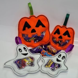 Digital download 2 sizes bundle ghost pumpkin peekaboo treat bag in the hoop machine embroidery design halloween sweets holder gift trendy